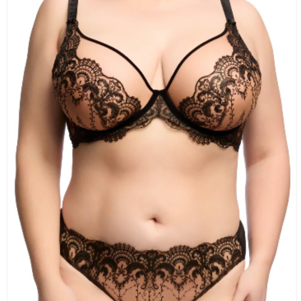 Dita Von Teese Nom De Plume curve edit bra black nude mesh lace full cup sz 44D